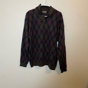 VTG Cortina Italia Mens Argyle Button‎ Neck Sweater Large L Wool Made in Italy